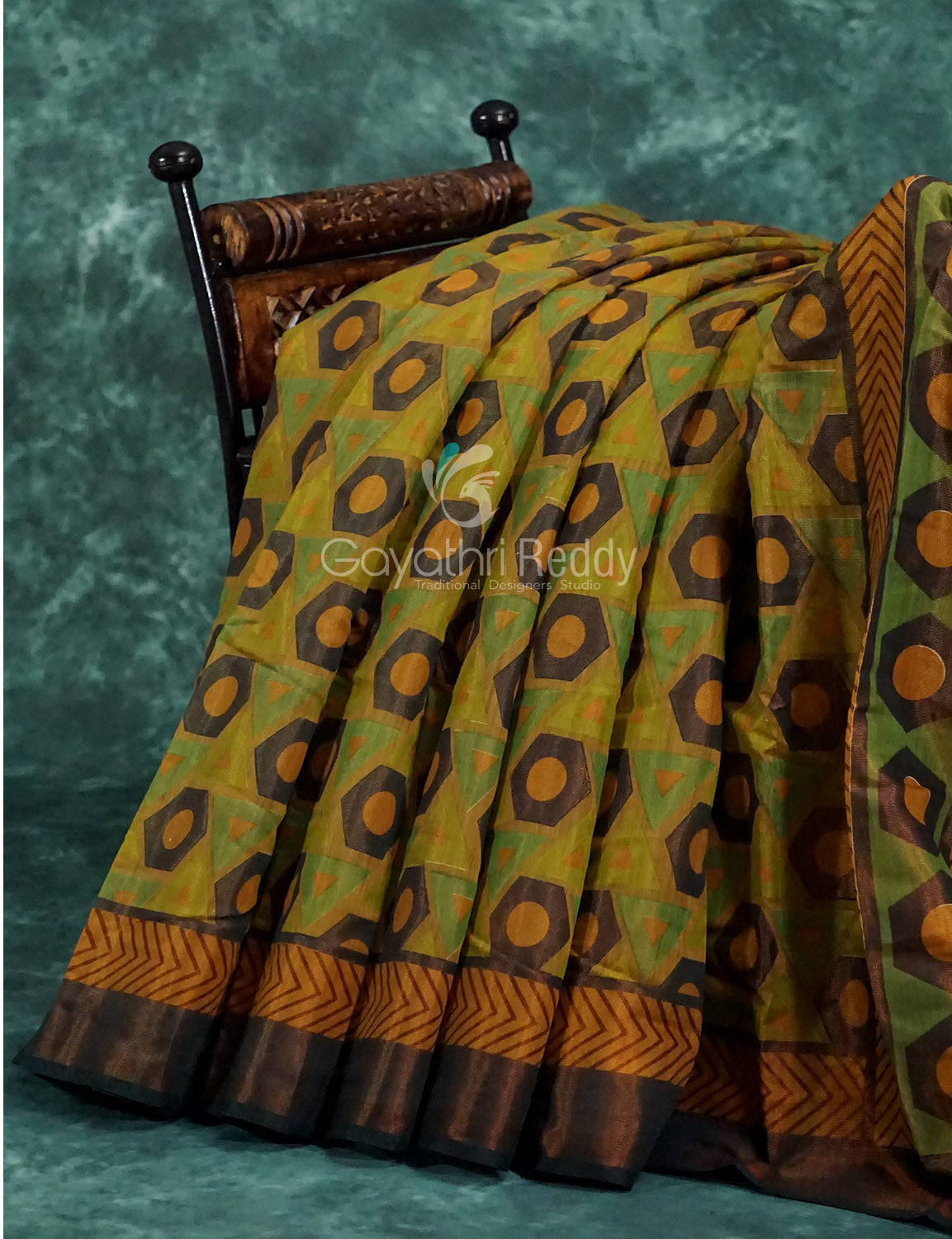 Henna Green And Henna Brown Coloured Geometrical Print Semi Chanderi Saree By Gayathri Reddy Designer Studio | Grocsy