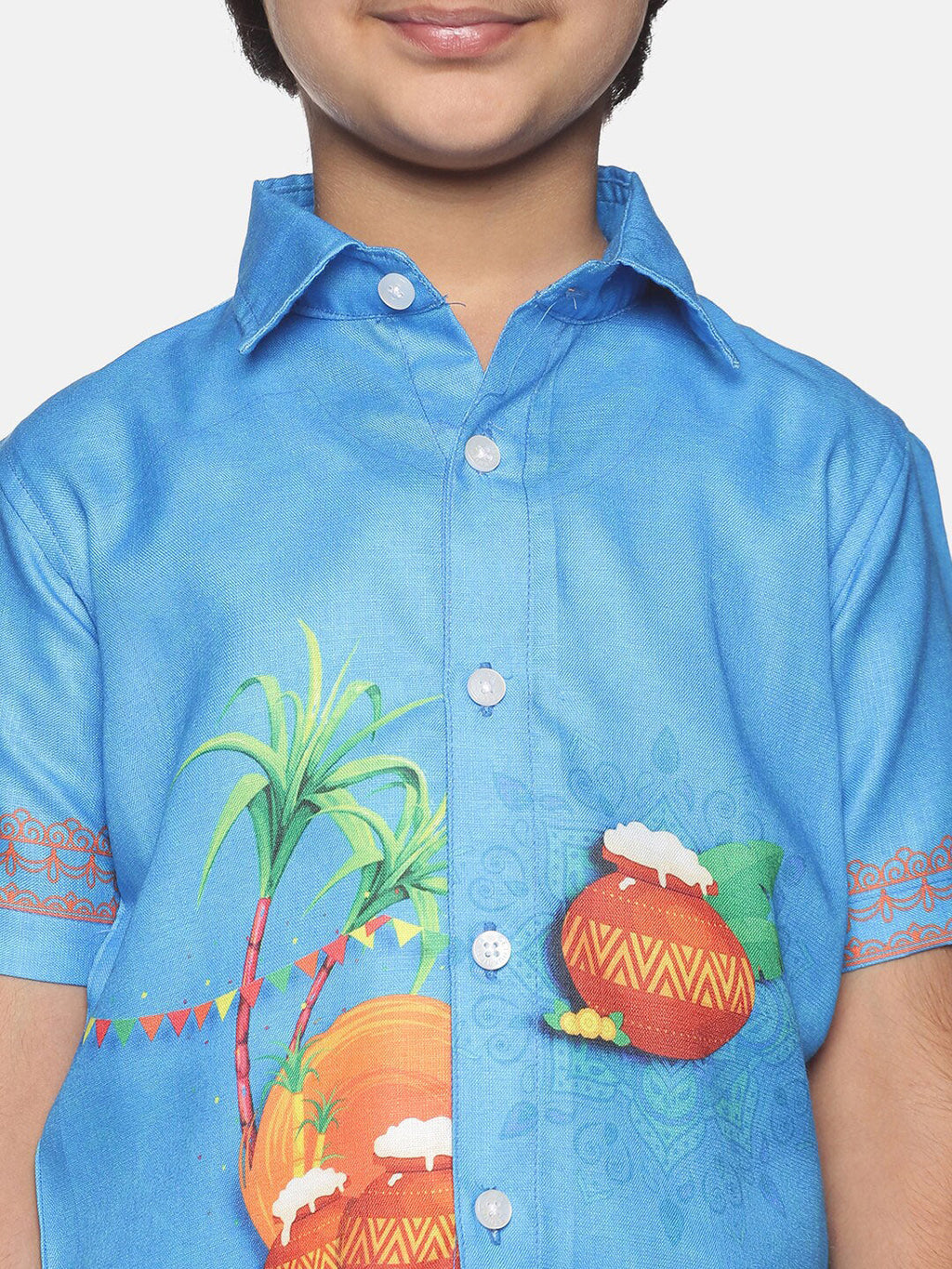 Sethukrishna Boys Traditional Boys Blue & White Printed Shirt with Dhoti | Grocsy