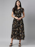 Souchii Women Black Floral Chiffon Maxi Dress | Grocsy