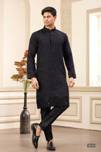 Raivat Ethnic Men's Art Silk Thread Work Kurta Pyjama In Black Colour | Grocsy