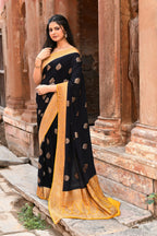 Joban Fashion Black Crepe Chiffon Pure Handloom Banarasi Silk Saree | Grocsy