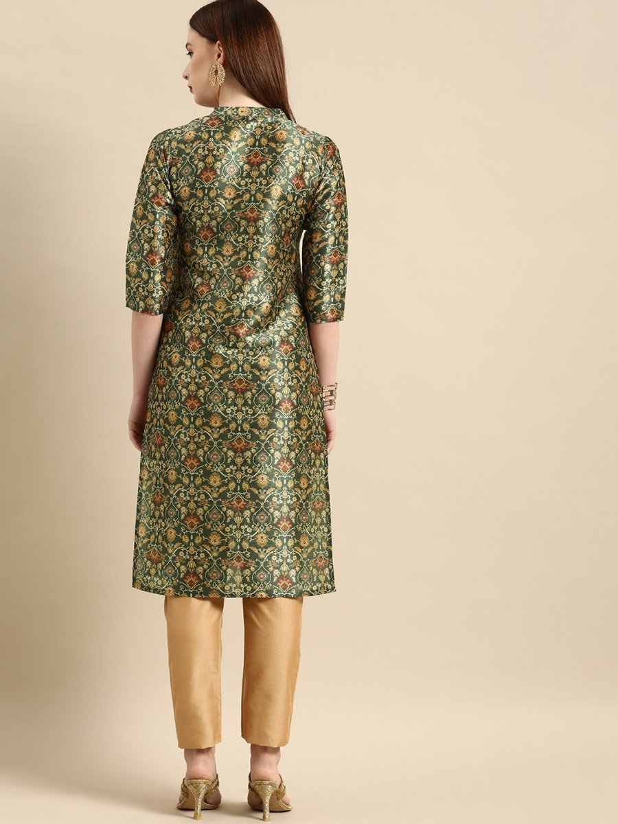 All About You Women Green & Mustard Yellow Ethnic Motifs Print Chanderi Silk Blend Kurta | Grocsy