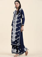 HOUSE OF KARI Ethnic Motifs Embroidered Chikankari Cotton Kurta & Palazzos | Grocsy