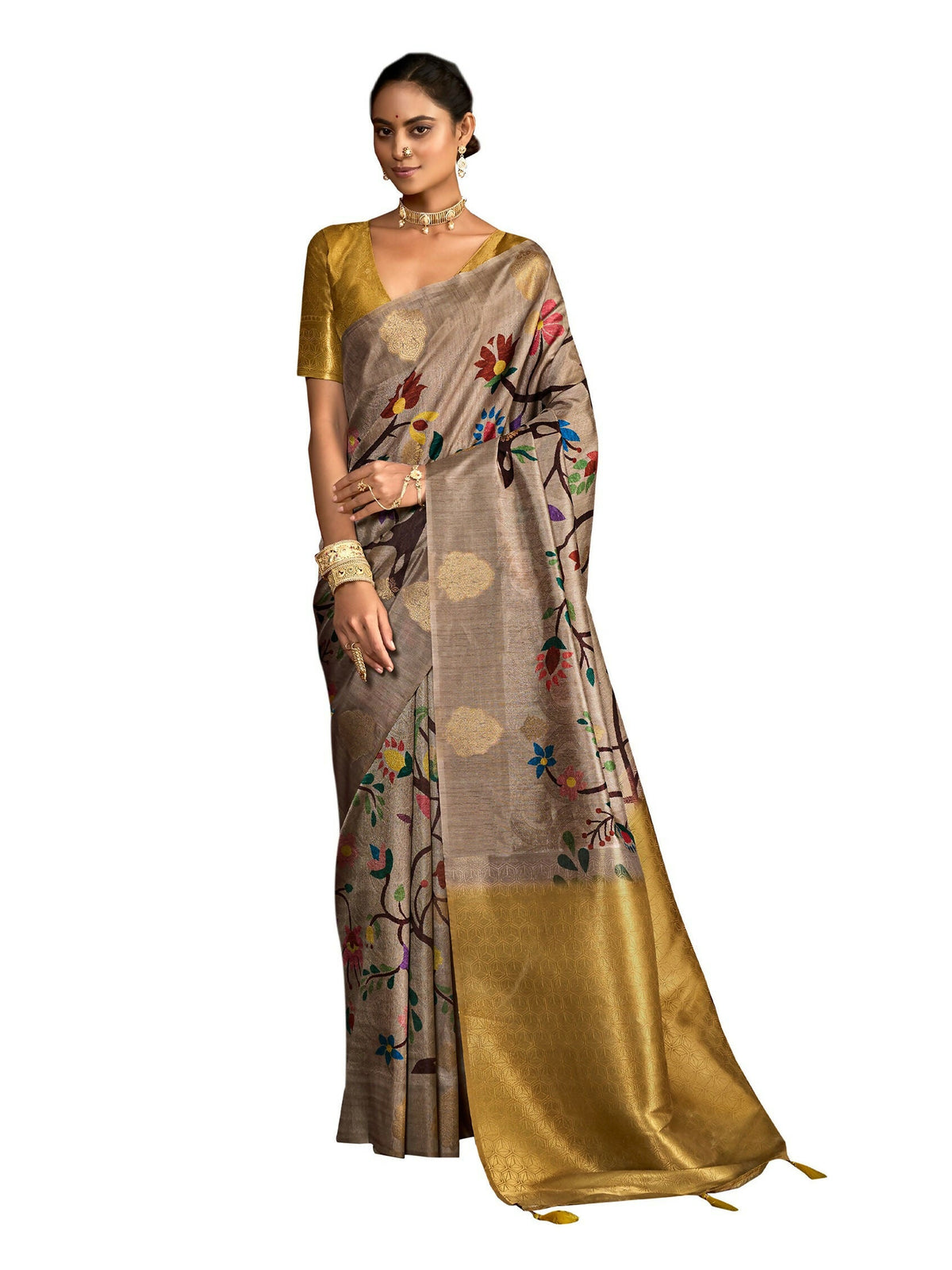 Joban Fashion Multi Color Soft Silk Weaving Fabric With Digital Jamdani Print With Jacquard Rich Pallu & Blouse With Spring Tassels | Grocsy