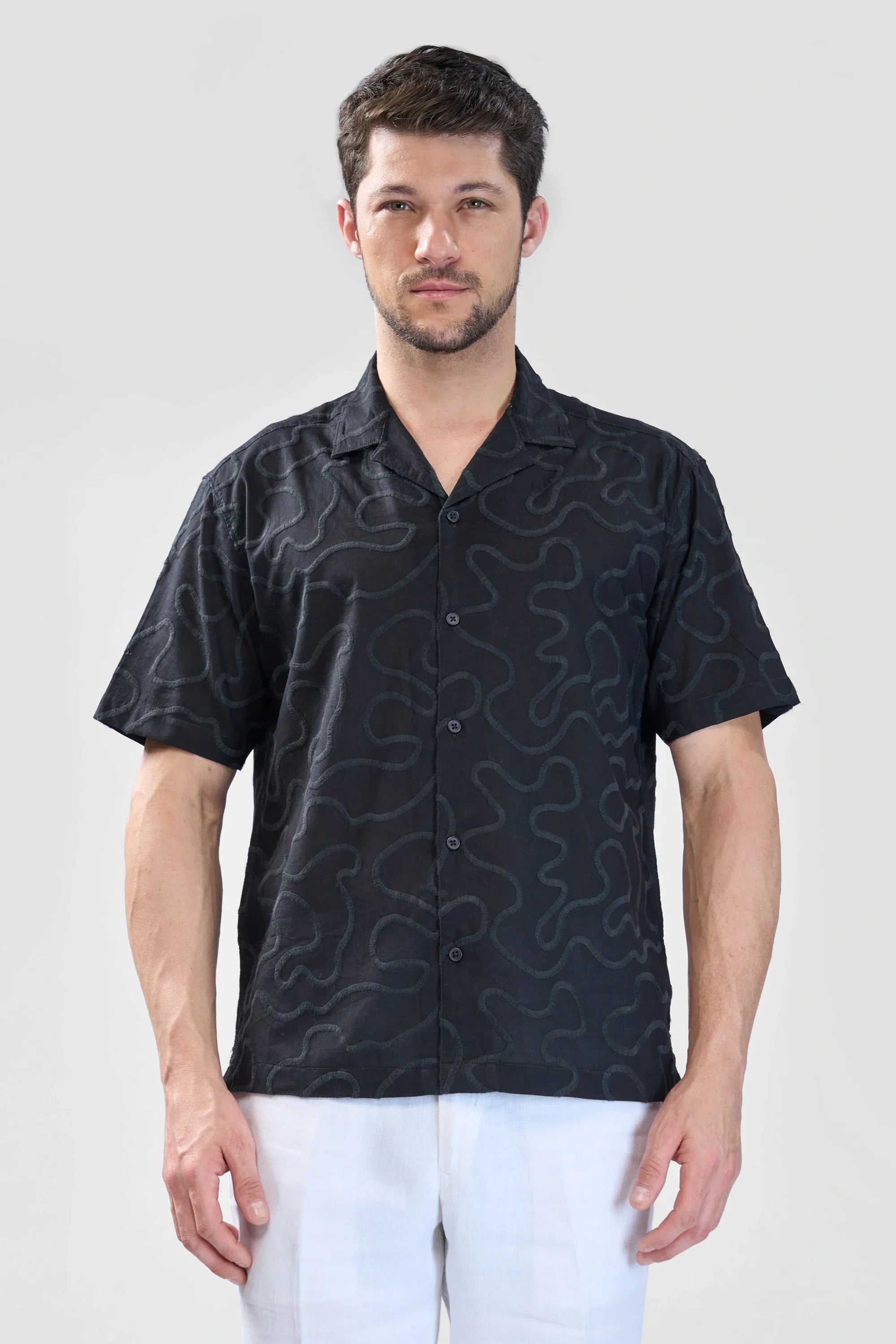 Xkind Black Embroidered Relaxed Fit Shirt | Grocsy