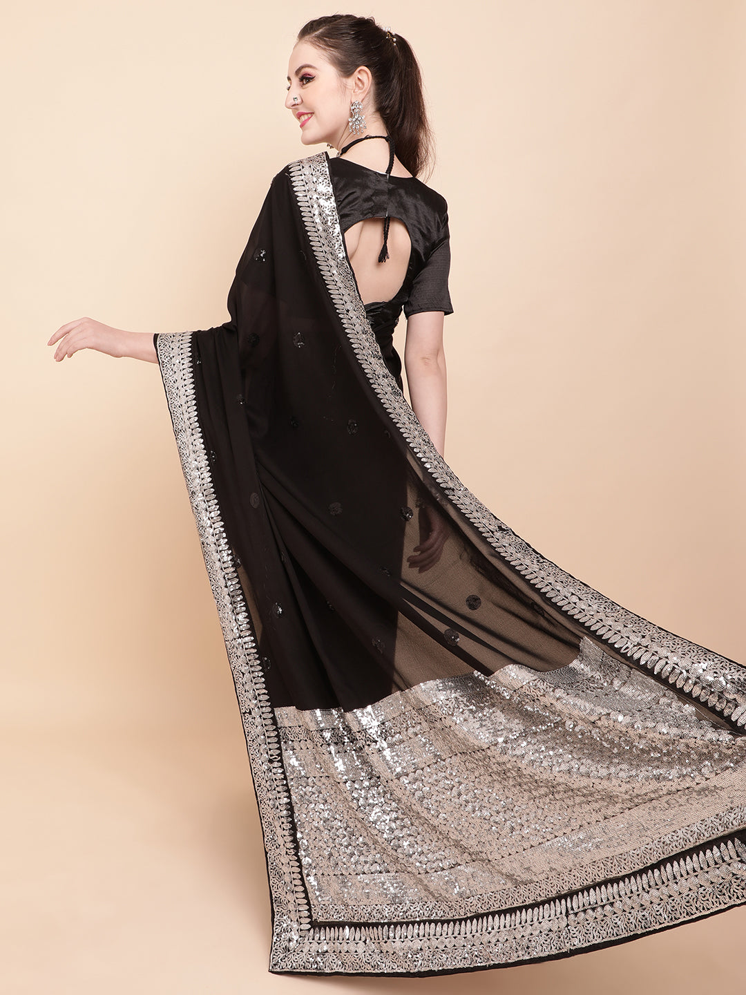 Sangria Black & Silver-Toned Embellished Sequinned Pure Georgette Saree | Grocsy