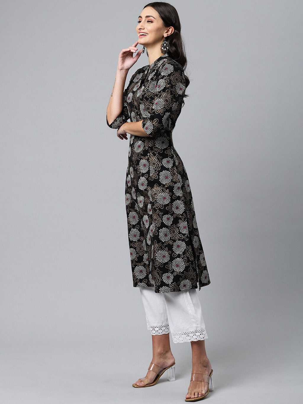 HERE&NOW Mandarin Collar Floral Printed Cotton Kurta | Grocsy