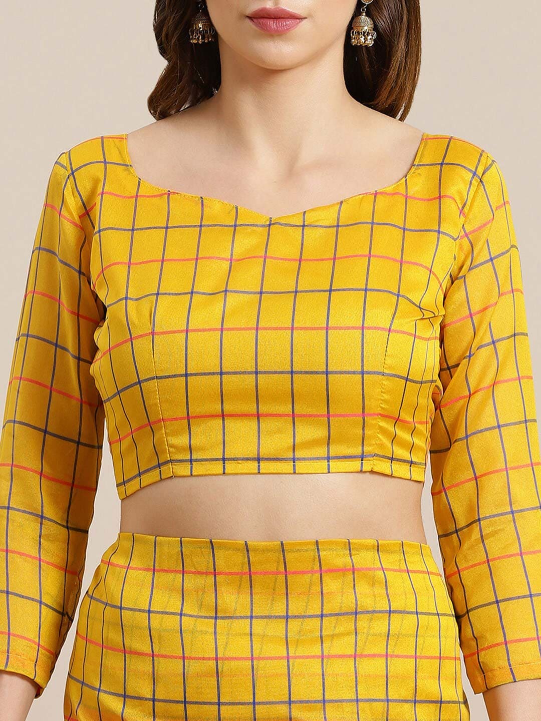 Saree Mall Mustard & Coral Checked Silk Cotton Sarees | Grocsy