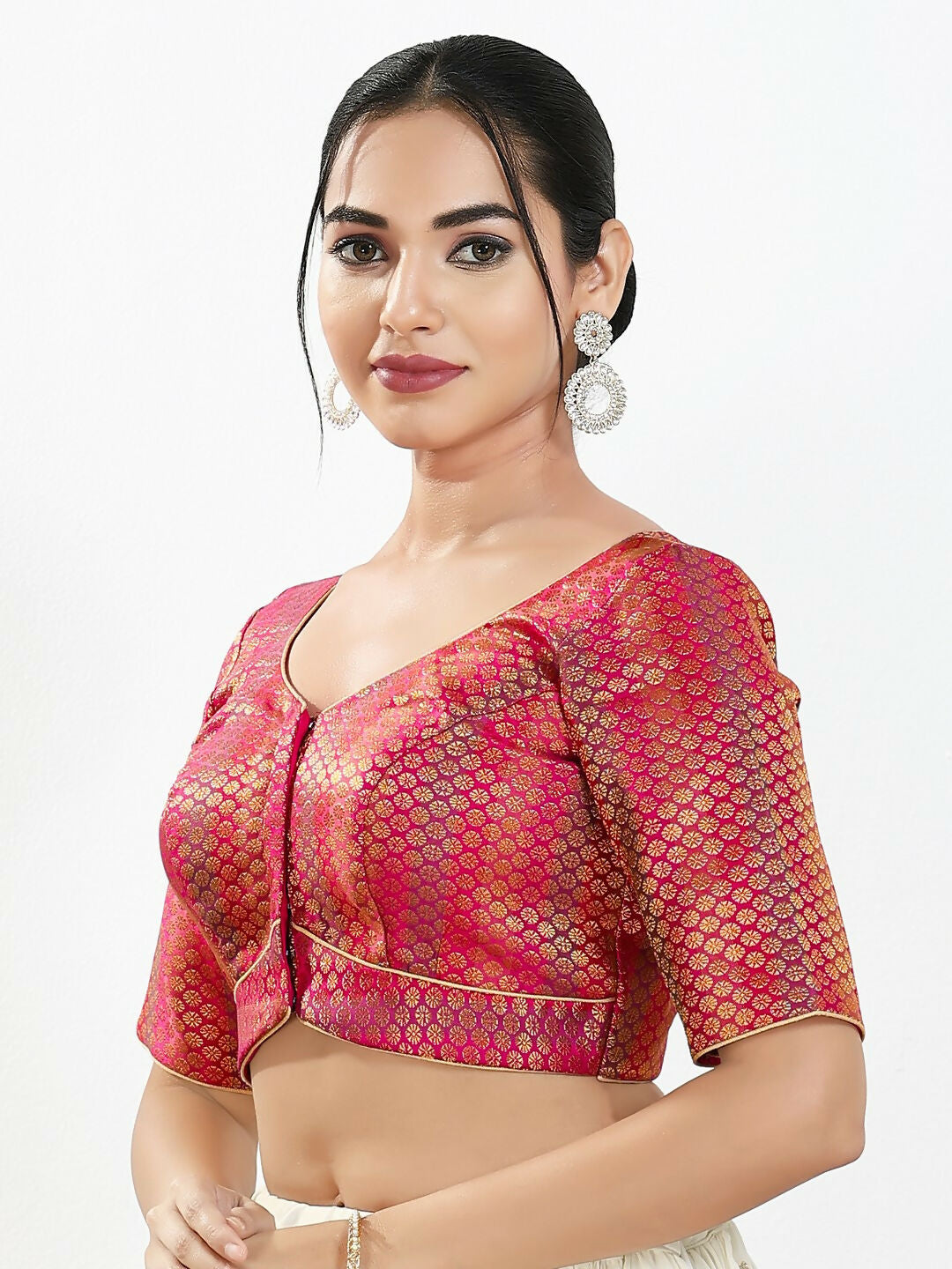 Joban Fashion Pink Brocade Padded Blouse With Sweetheart Neck Elbow Sleeves | Grocsy
