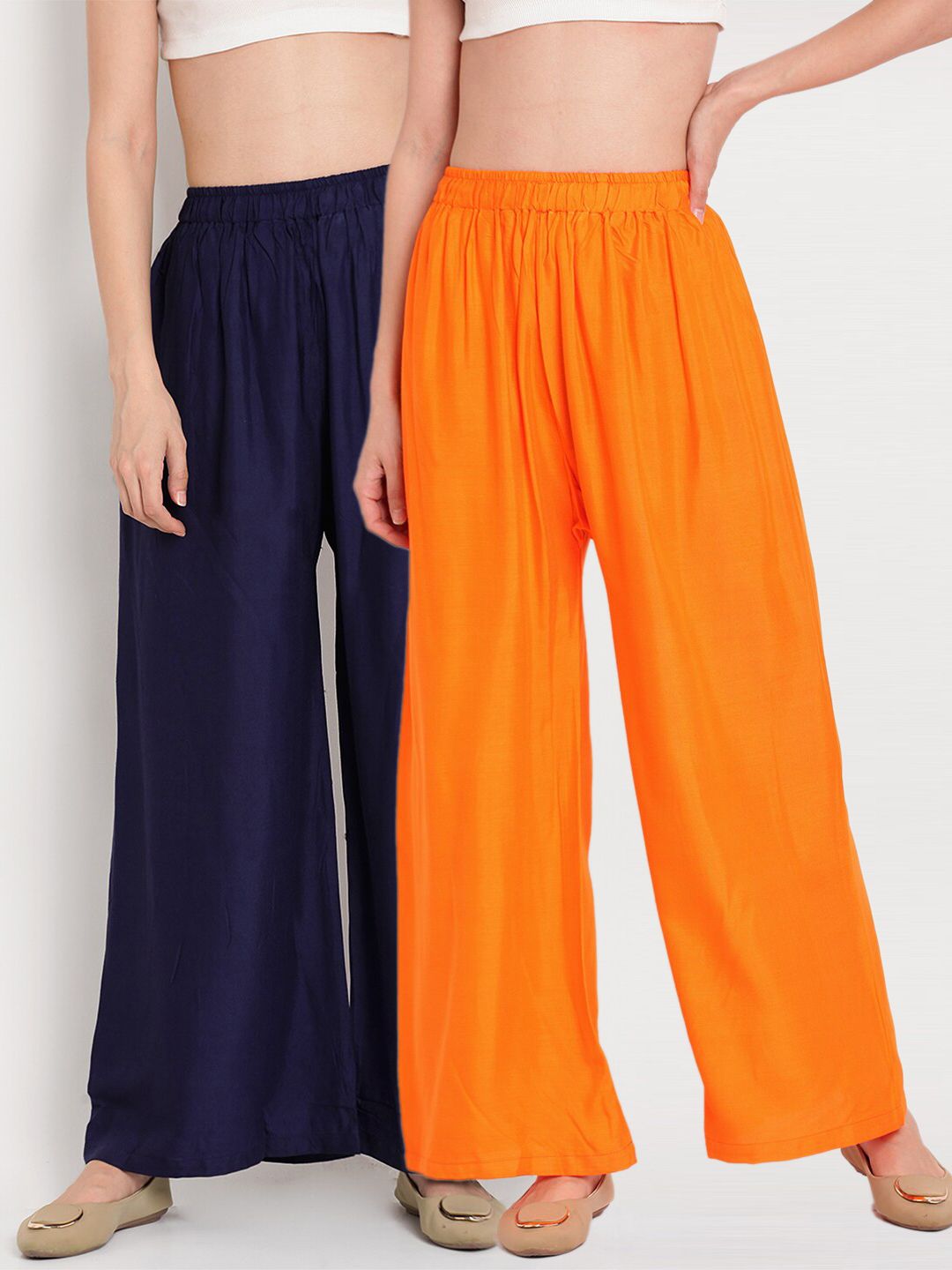 TAG 7 Women Orange & Navy Blue Set of 2 Flared Ethnic Palazzos | Grocsy