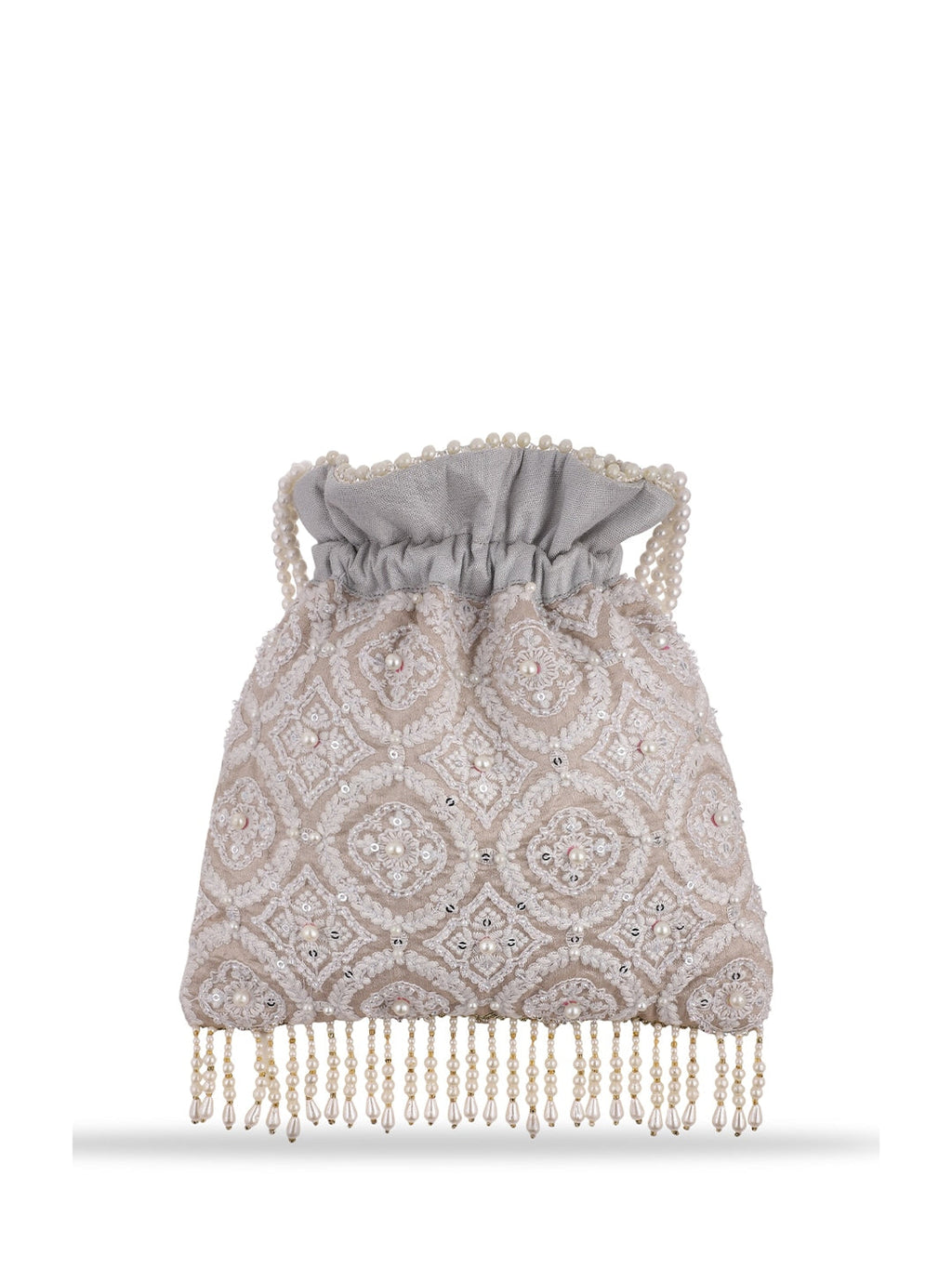 Masq Tan & White Embroidered Potli Clutch