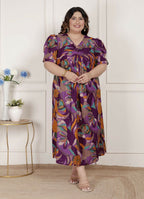 Miravan Womens Plus Size Floral Print Puff Sleeve Pure Cotton Magenta Butterfly Maxi Dress | Grocsy