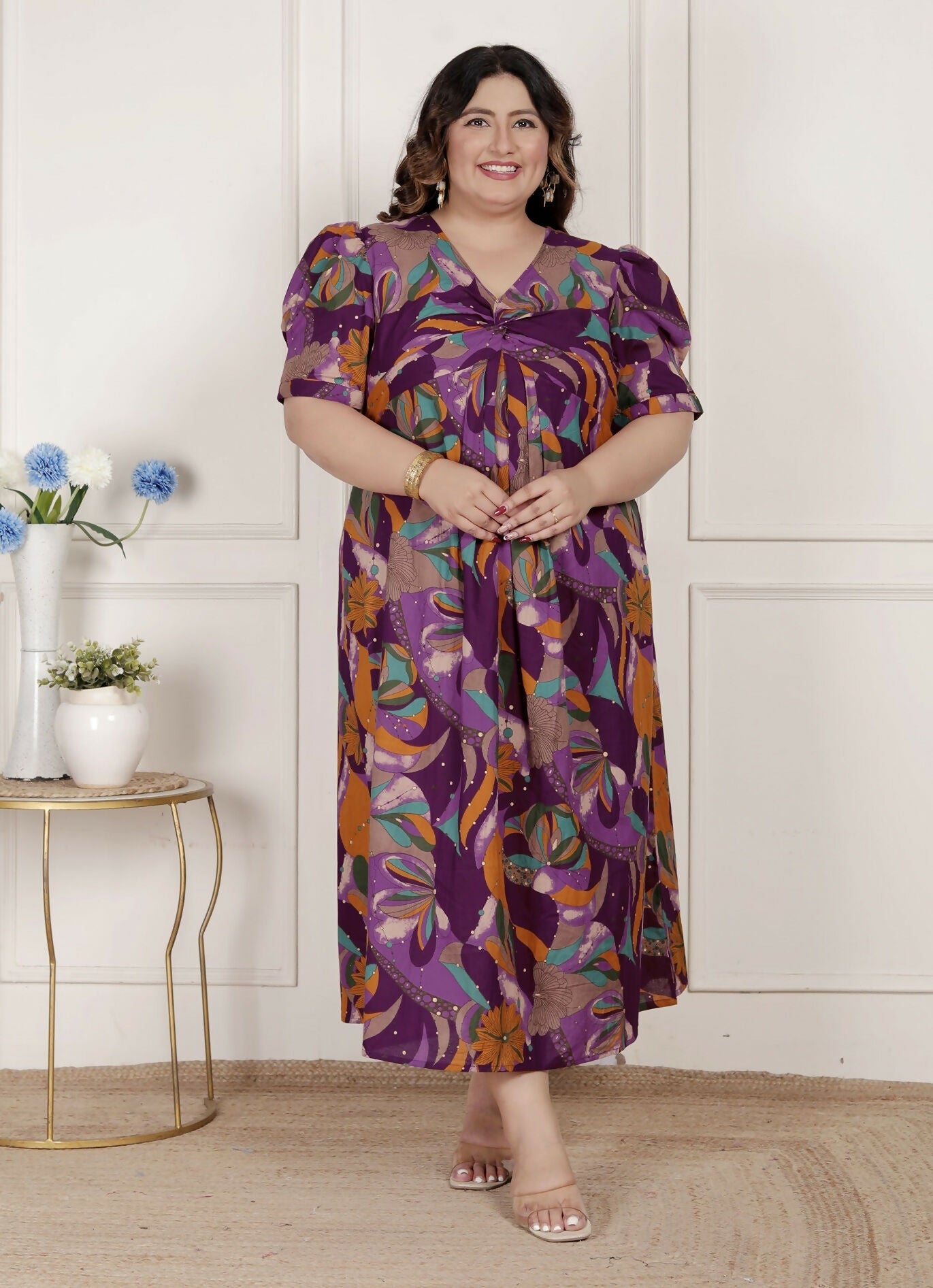 Miravan Womens Plus Size Floral Print Puff Sleeve Pure Cotton Magenta Butterfly Maxi Dress | Grocsy