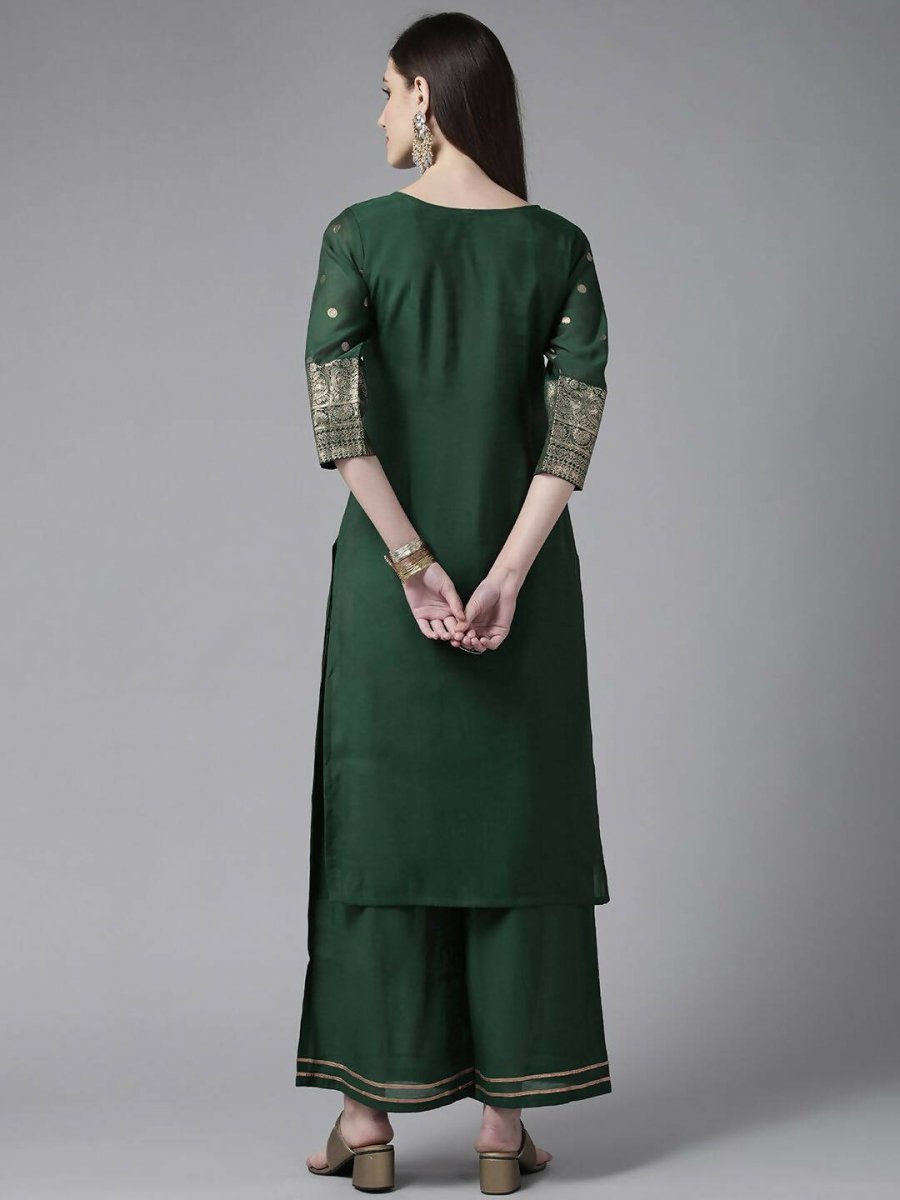 Ahalyaa Womens Dark Green Chanderi Gold Foil Printed Kurta Palazzo Set | Grocsy
