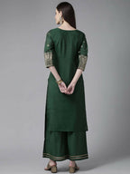 Ahalyaa Womens Dark Green Chanderi Gold Foil Printed Kurta Palazzo Set | Grocsy