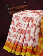White Colored Elephant Block Print Pure Mulmul Cotton By Gayathri Reddy Designer Studio | Grocsy