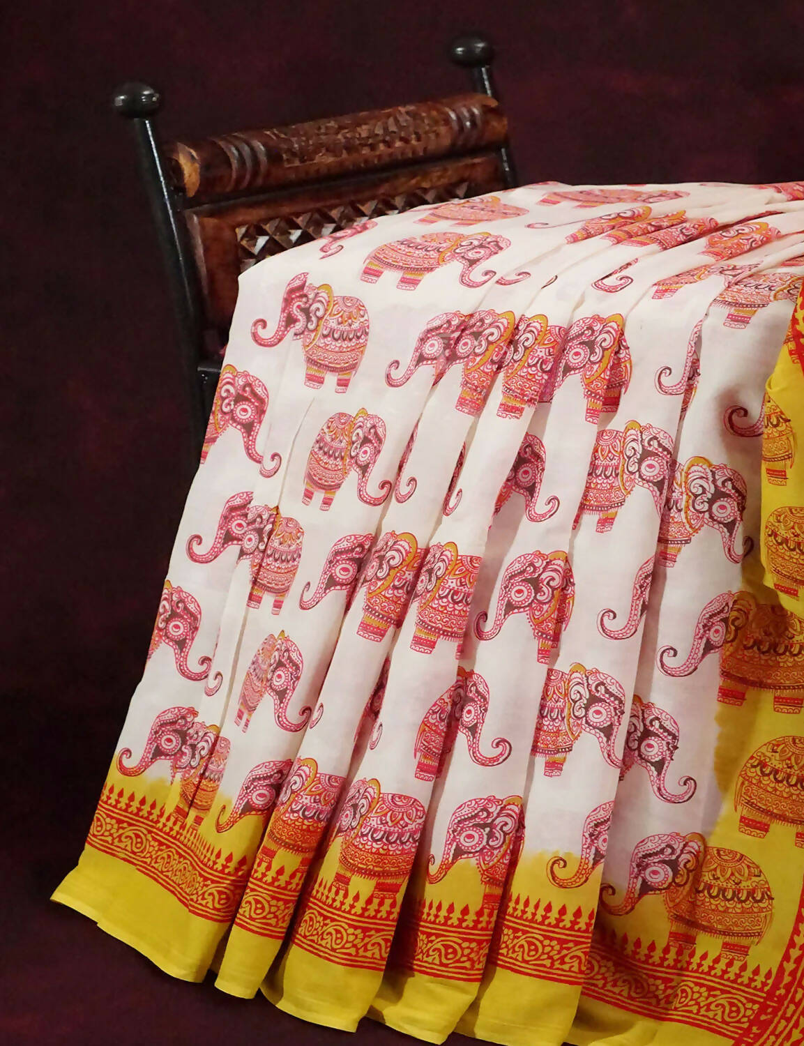 White Colored Elephant Block Print Pure Mulmul Cotton By Gayathri Reddy Designer Studio | Grocsy