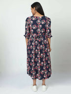 Manet Three Fourth Maternity Dress Floral Print With Concealed Zipper Nursing Access - Navy Blue | Grocsy