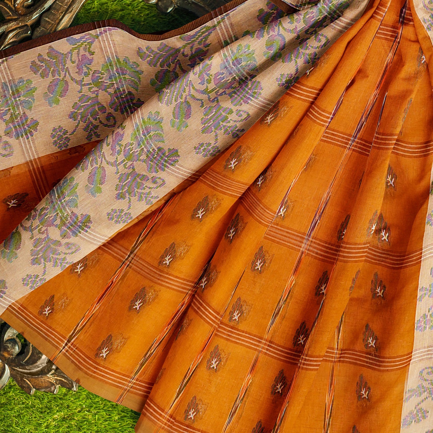 Exclusive Collection 100% Pure Cotton Orange Tant Saree With Hand Weaving Work | Grocsy