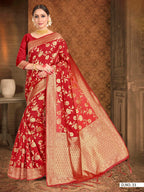 Vardha Crimson Red Woven Banarasi Saree | Grocsy