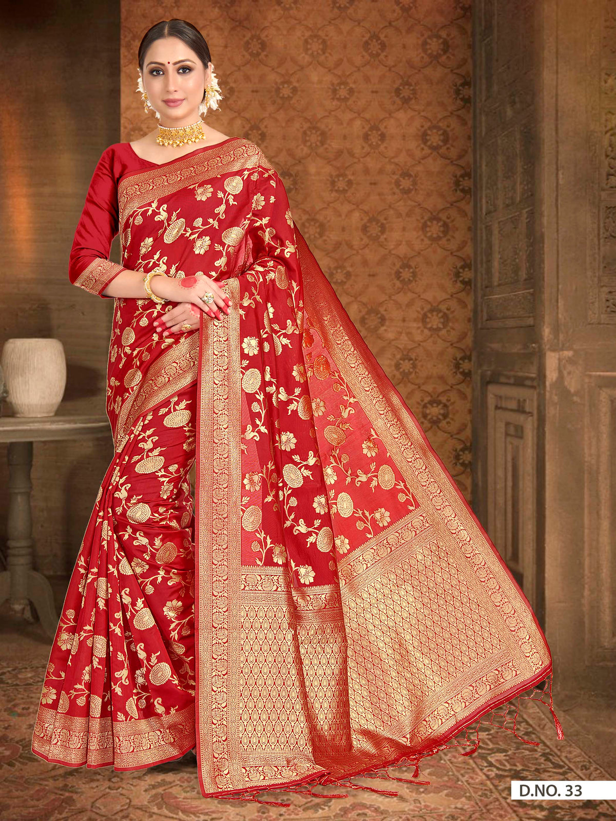 Vardha Crimson Red Woven Banarasi Saree | Grocsy
