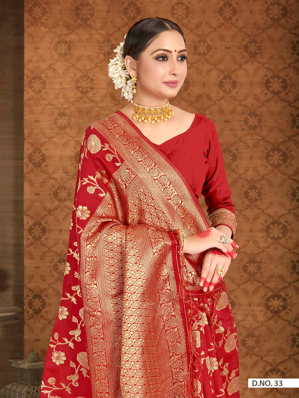Vardha Crimson Red Woven Banarasi Saree | Grocsy