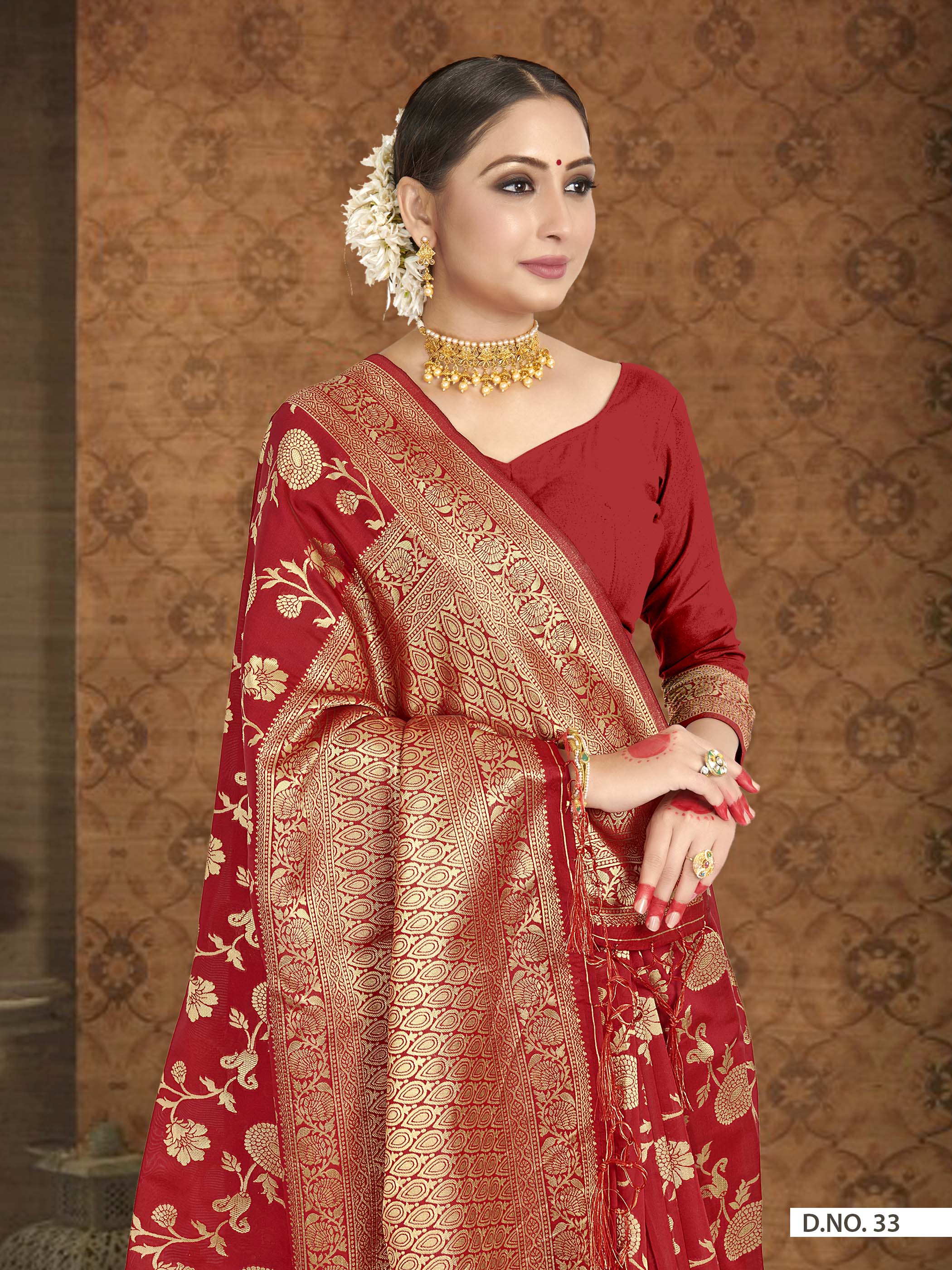 Vardha Crimson Red Woven Banarasi Saree | Grocsy