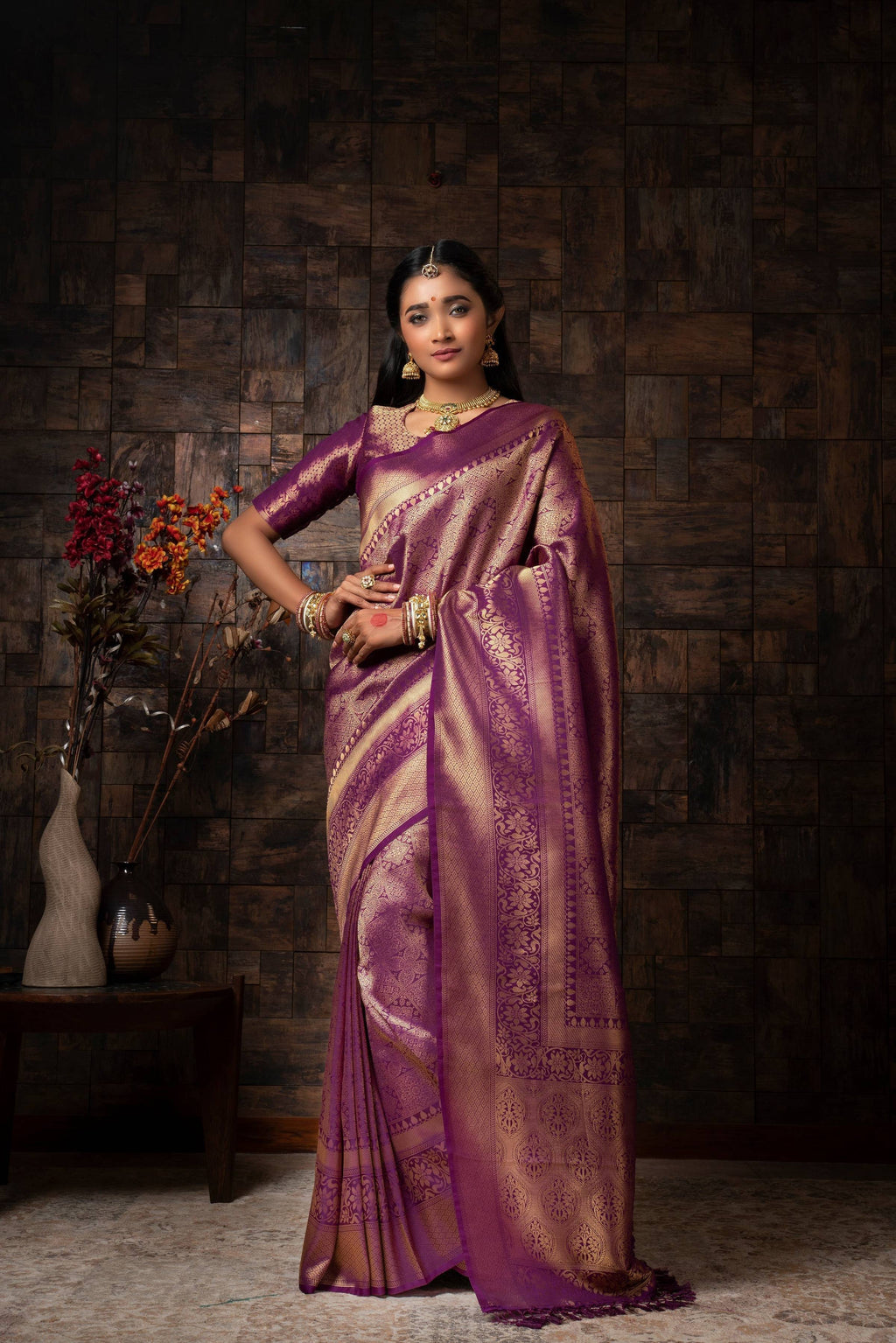 Vardha Mauve Wine Golden Zari Brocade Kanjeevaram Silk Saree | Grocsy