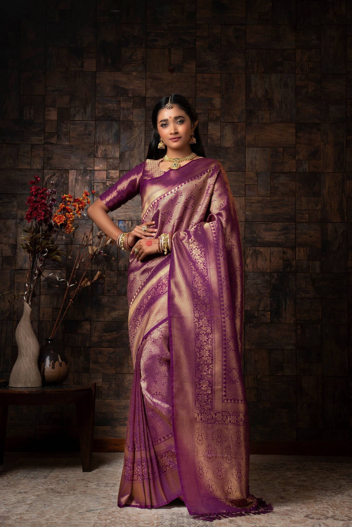 Vardha Mauve Wine Golden Zari Brocade Kanjeevaram Silk Saree | Grocsy