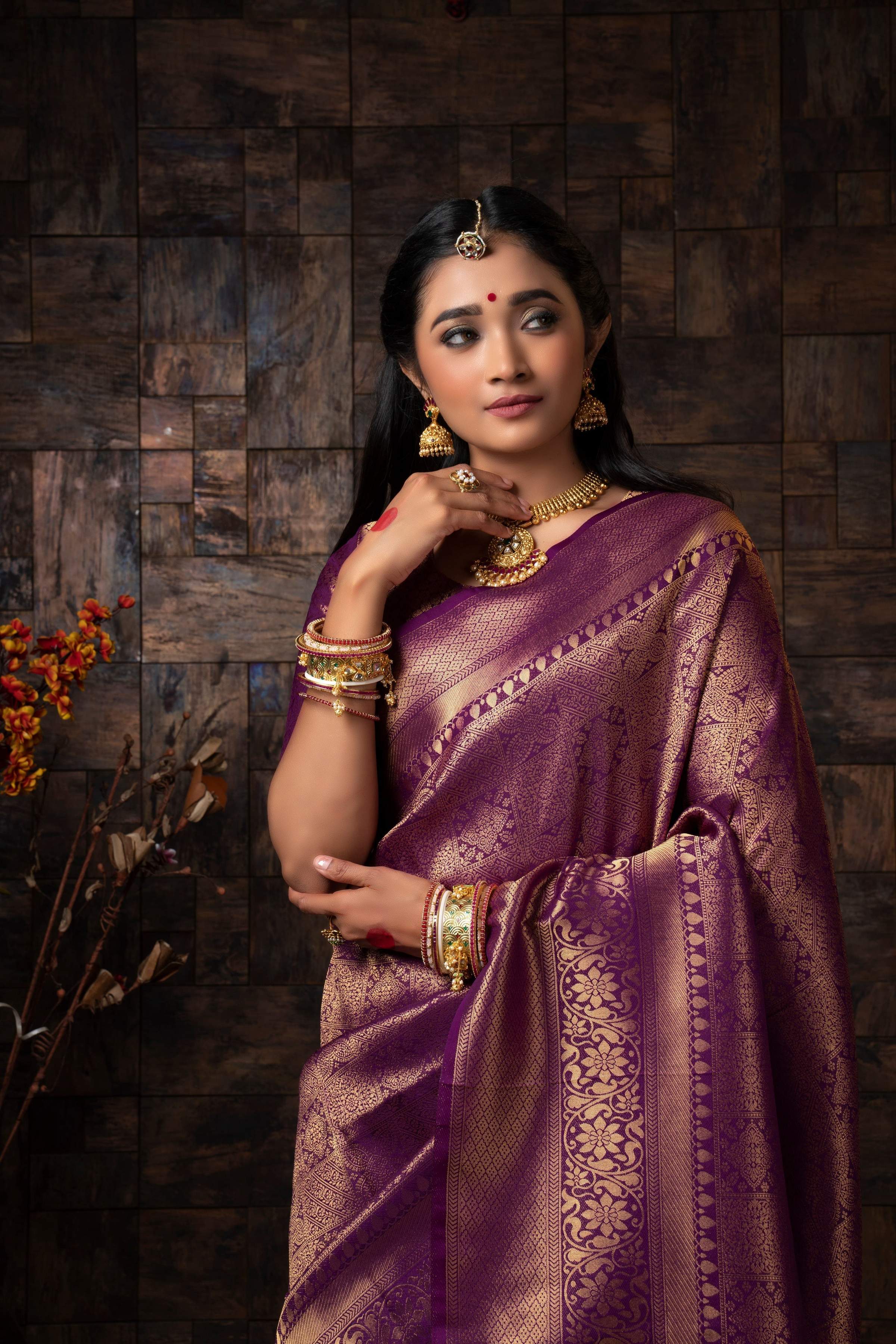 Vardha Mauve Wine Golden Zari Brocade Kanjeevaram Silk Saree | Grocsy