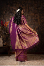 Vardha Mauve Wine Golden Zari Brocade Kanjeevaram Silk Saree | Grocsy