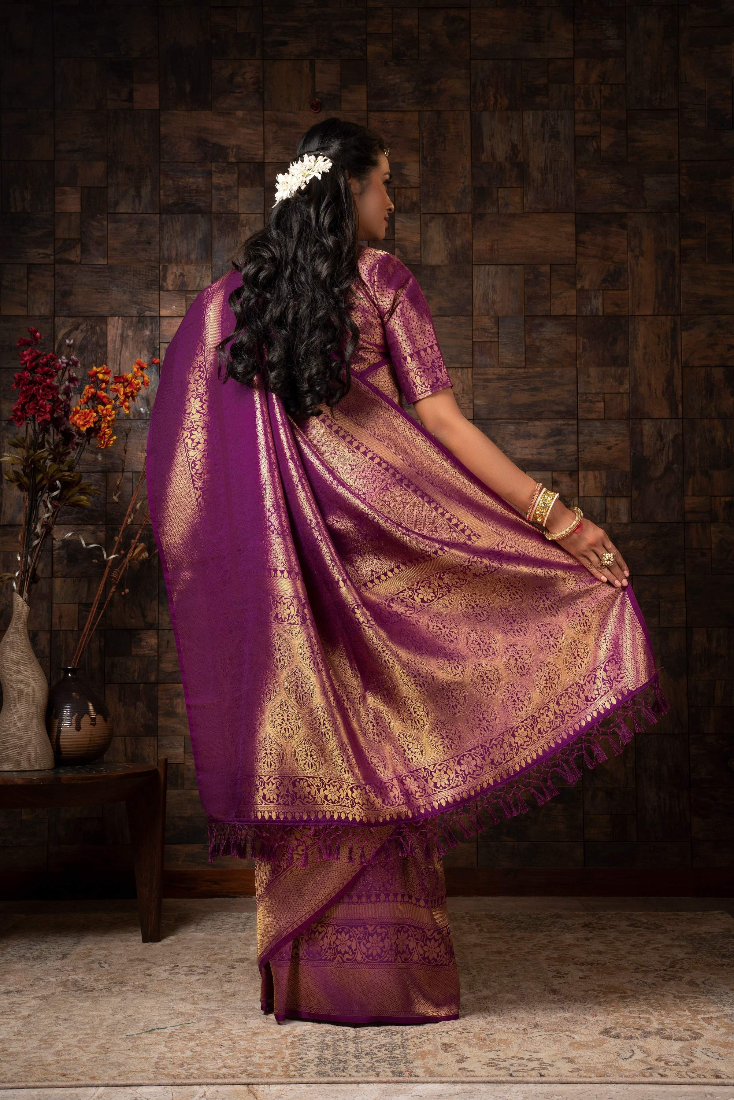 Vardha Mauve Wine Golden Zari Brocade Kanjeevaram Silk Saree | Grocsy