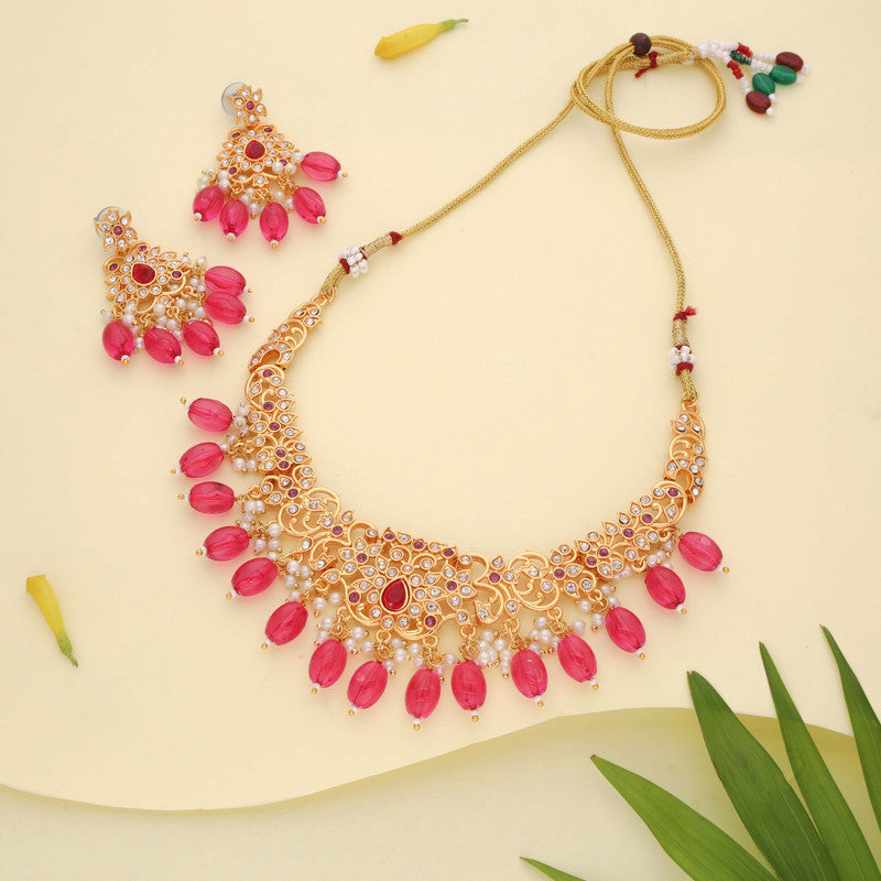 Tehzeeb Creations Gold-Polished Pink Colour Necklace With Stud | Grocsy