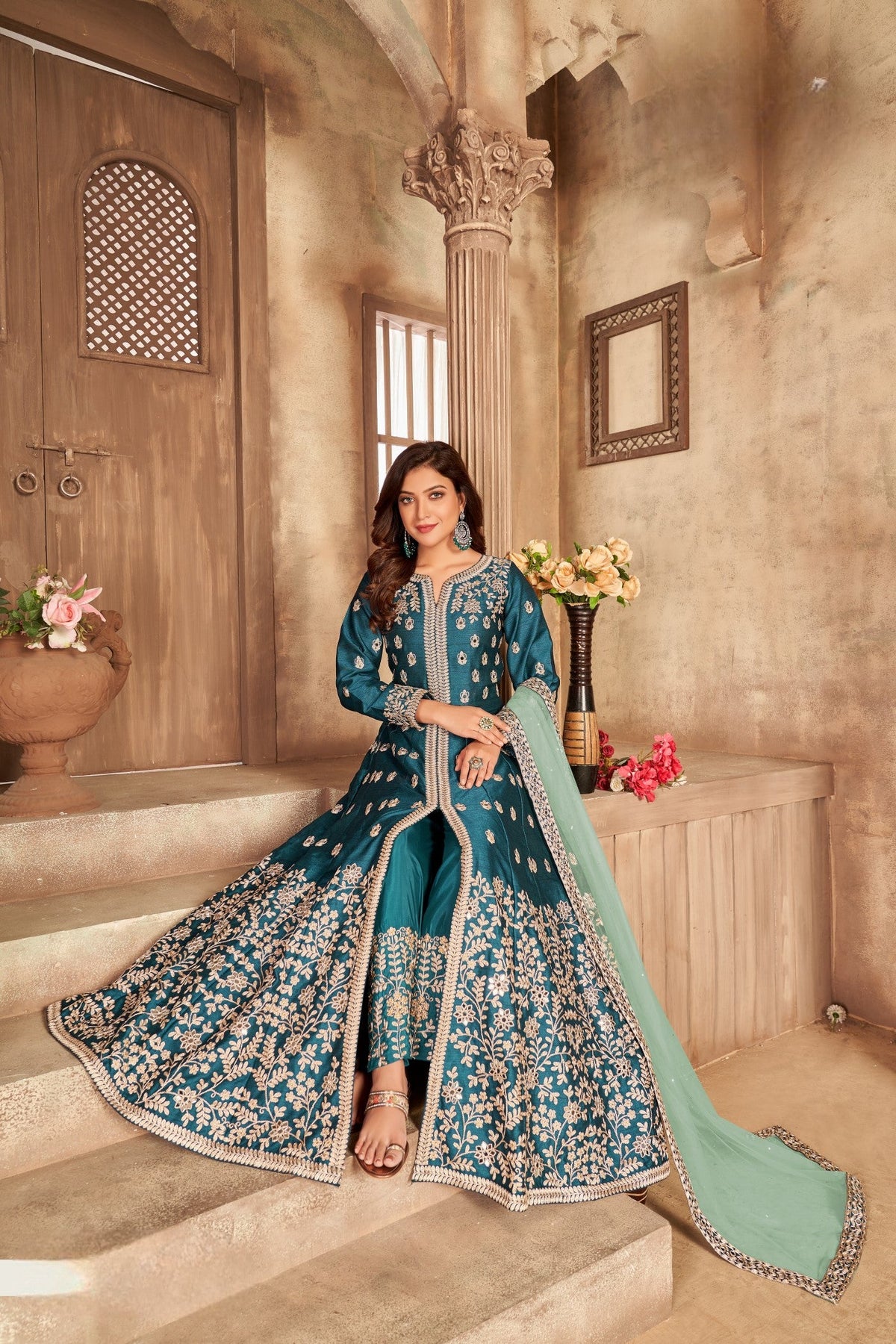 Anaita Teal Embroidered Art Silk Anarkali Suit | Grocsy