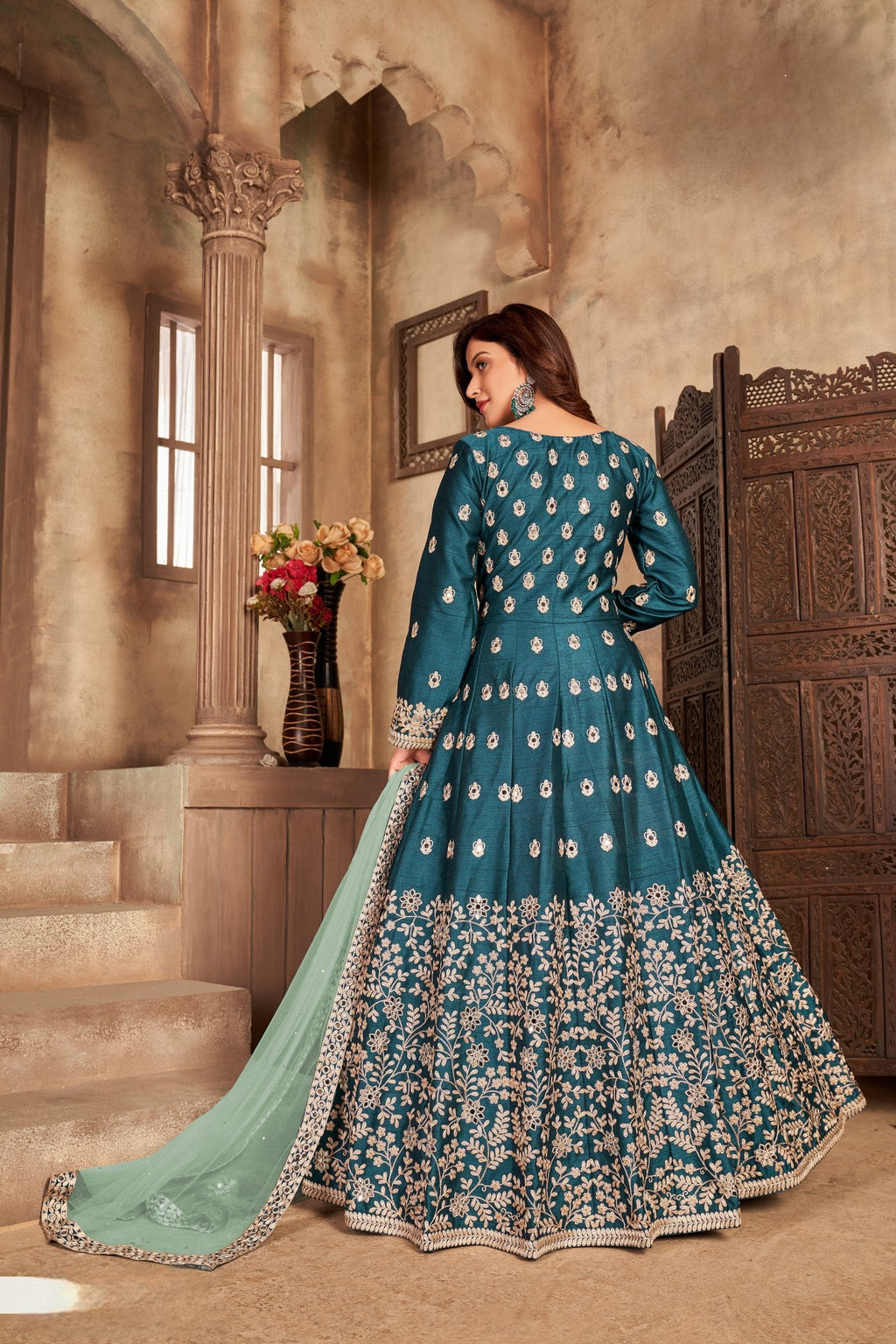Anaita Teal Embroidered Art Silk Anarkali Suit | Grocsy
