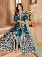 Myra Teal Art Silk Embroidered Anarkali Suit | Grocsy