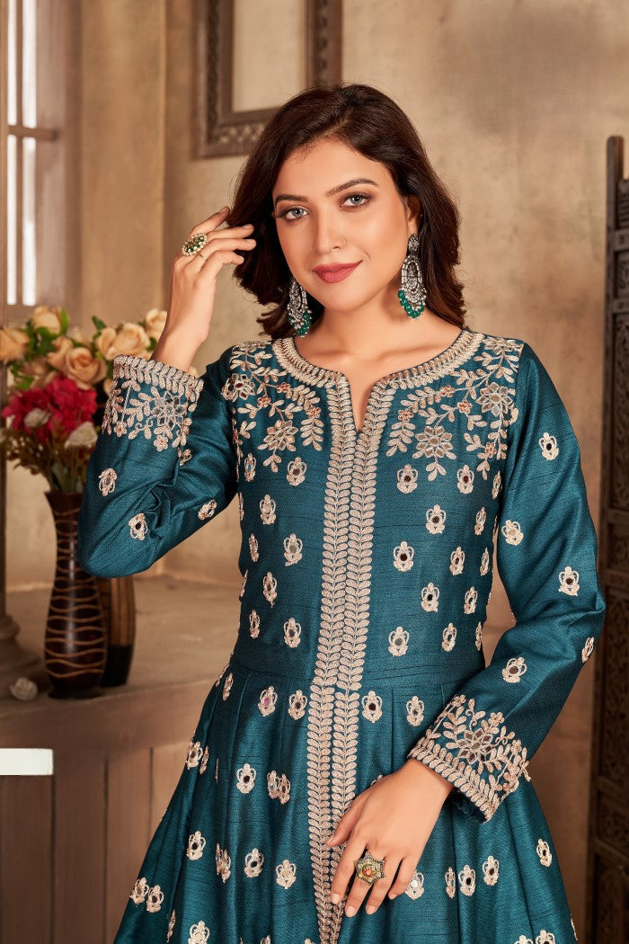 Anaita Teal Embroidered Art Silk Anarkali Suit | Grocsy