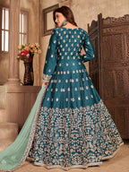 Myra Teal Art Silk Embroidered Anarkali Suit | Grocsy