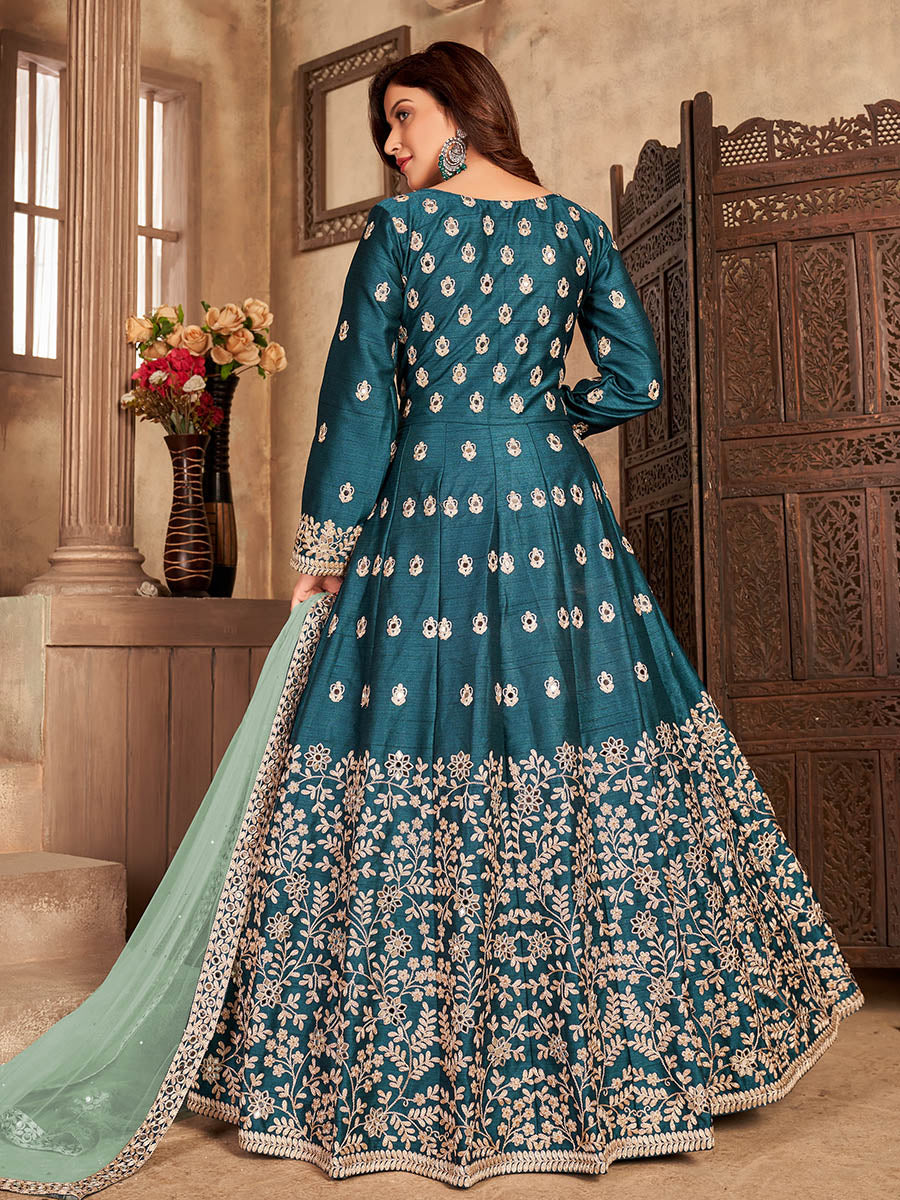 Myra Teal Art Silk Embroidered Anarkali Suit | Grocsy