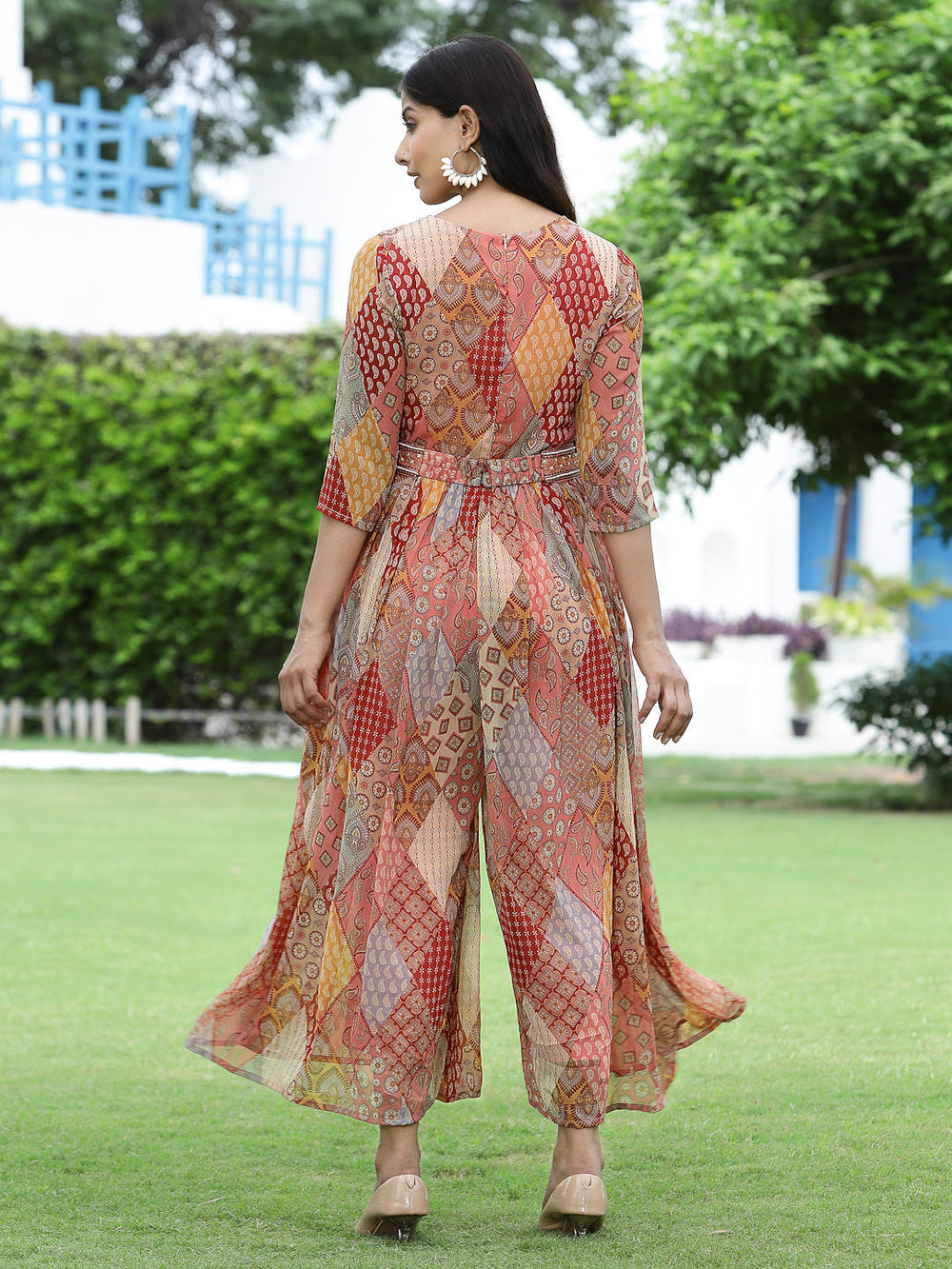 Juniper Multi Chiffon Festive Printed Flared Jump Suit For Women | Grocsy