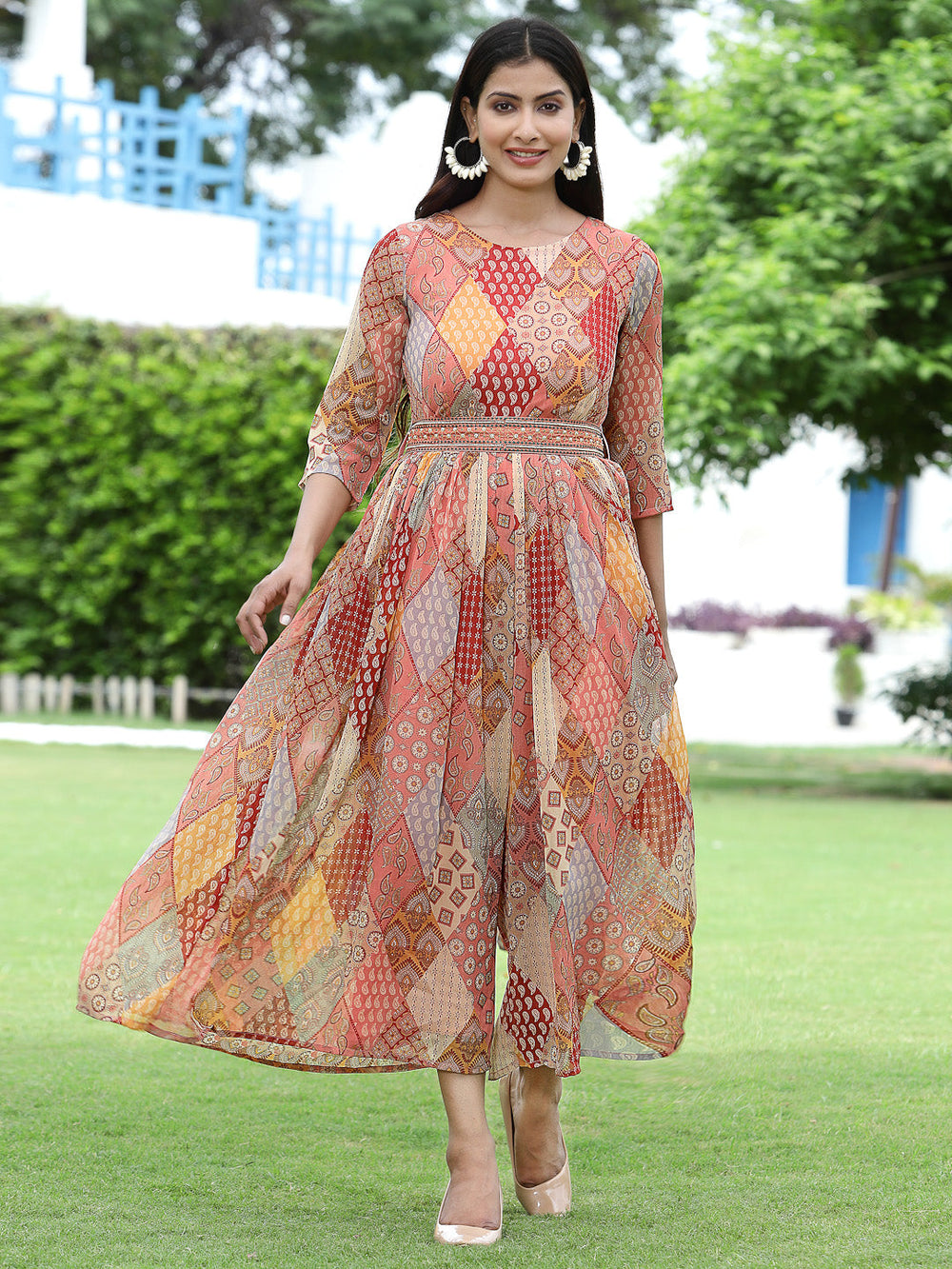 Juniper Multi Chiffon Festive Printed Flared Jump Suit For Women | Grocsy