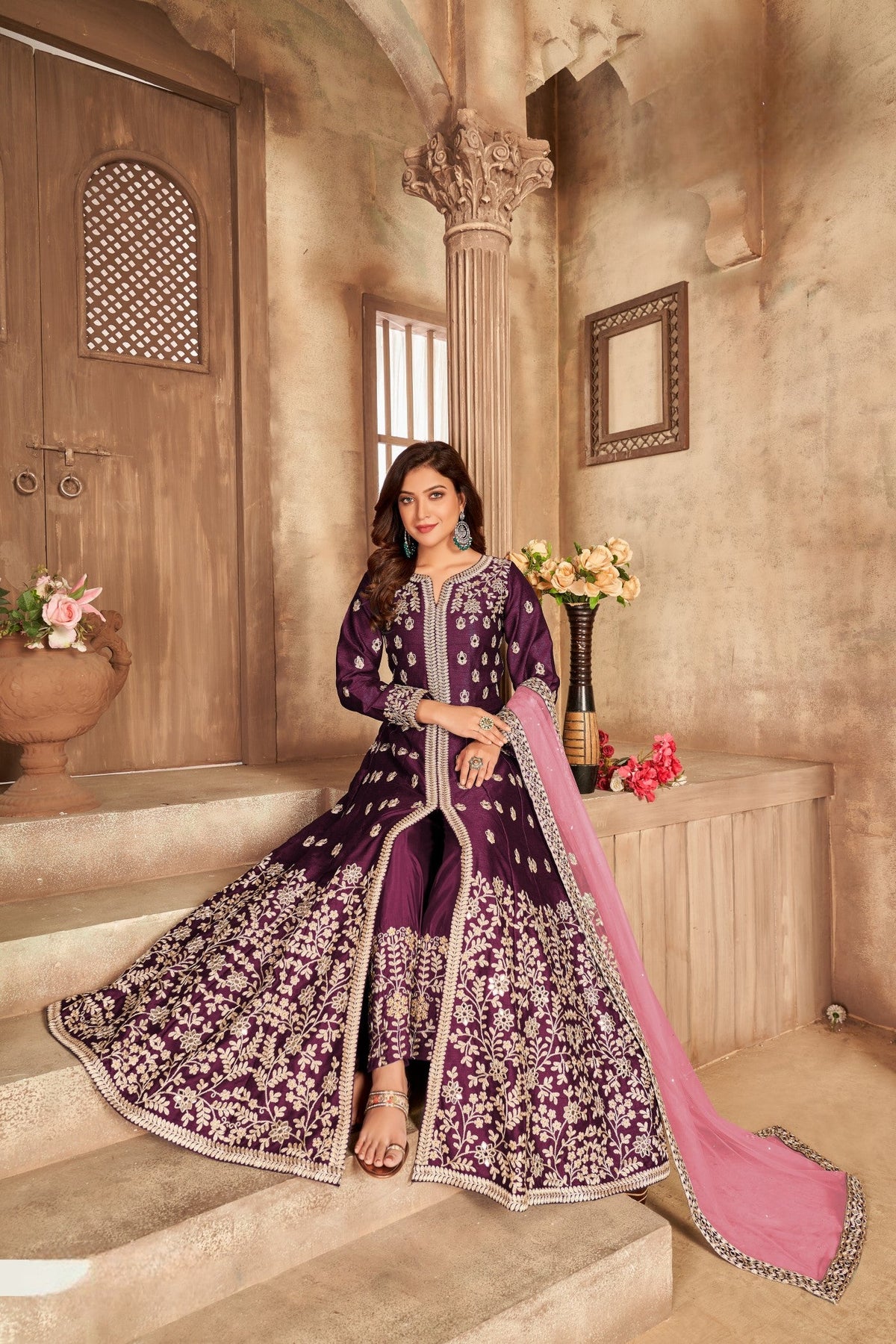 Anaita Purple Embroidered Art Silk Anarkali Suit | Grocsy
