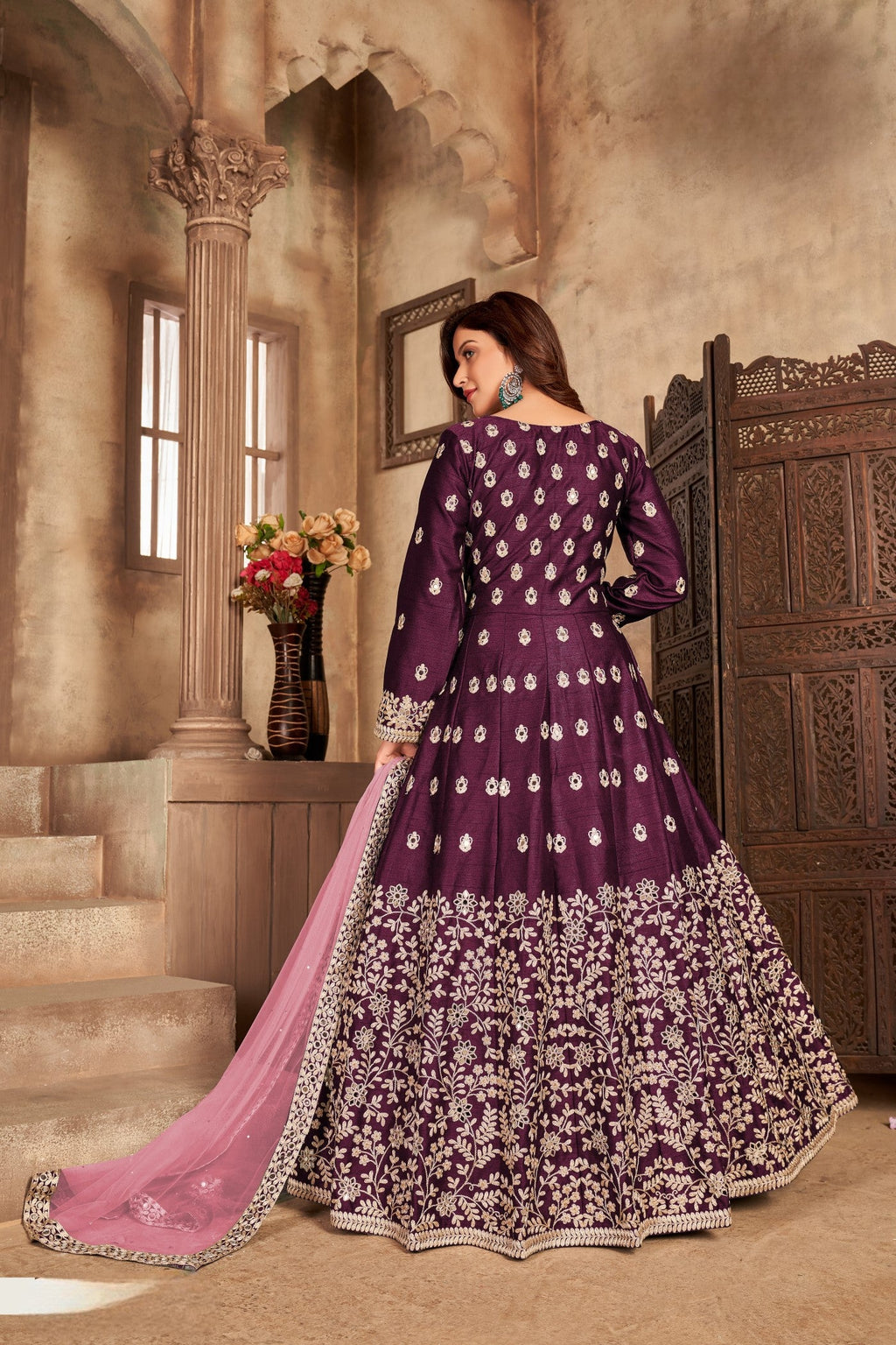 Anaita Purple Embroidered Art Silk Anarkali Suit | Grocsy