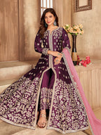 Myra Wine Art Silk Embroidered Anarkali Suit | Grocsy