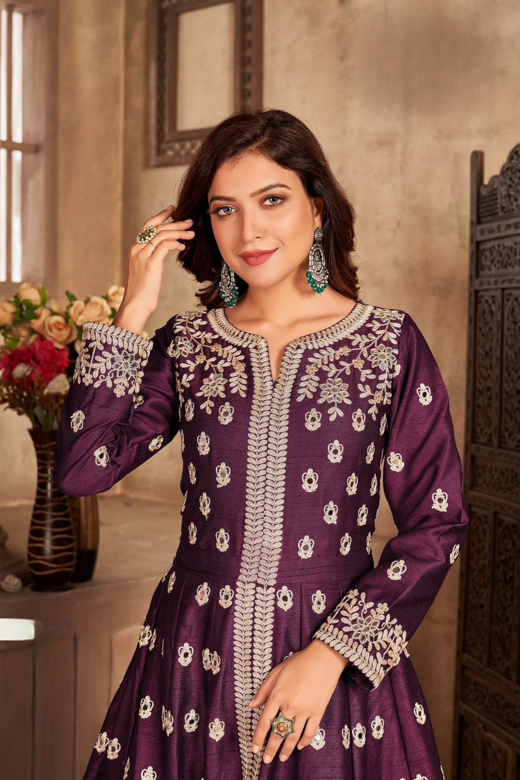 Anaita Purple Embroidered Art Silk Anarkali Suit | Grocsy