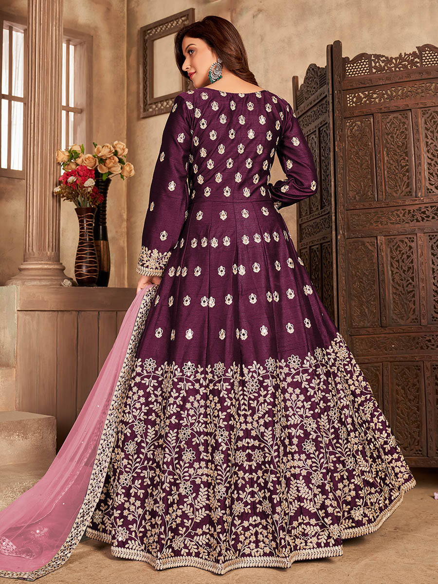 Myra Wine Art Silk Embroidered Anarkali Suit | Grocsy