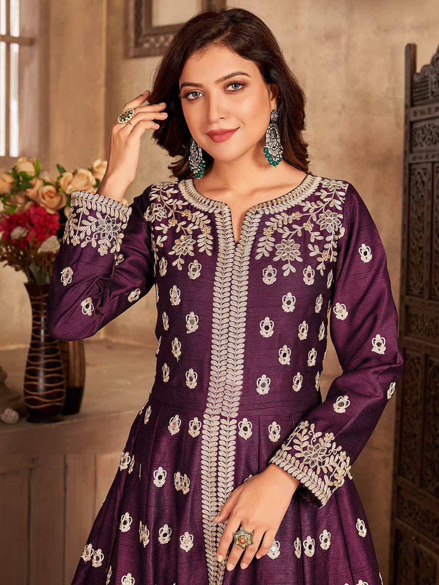 Myra Wine Art Silk Embroidered Anarkali Suit | Grocsy
