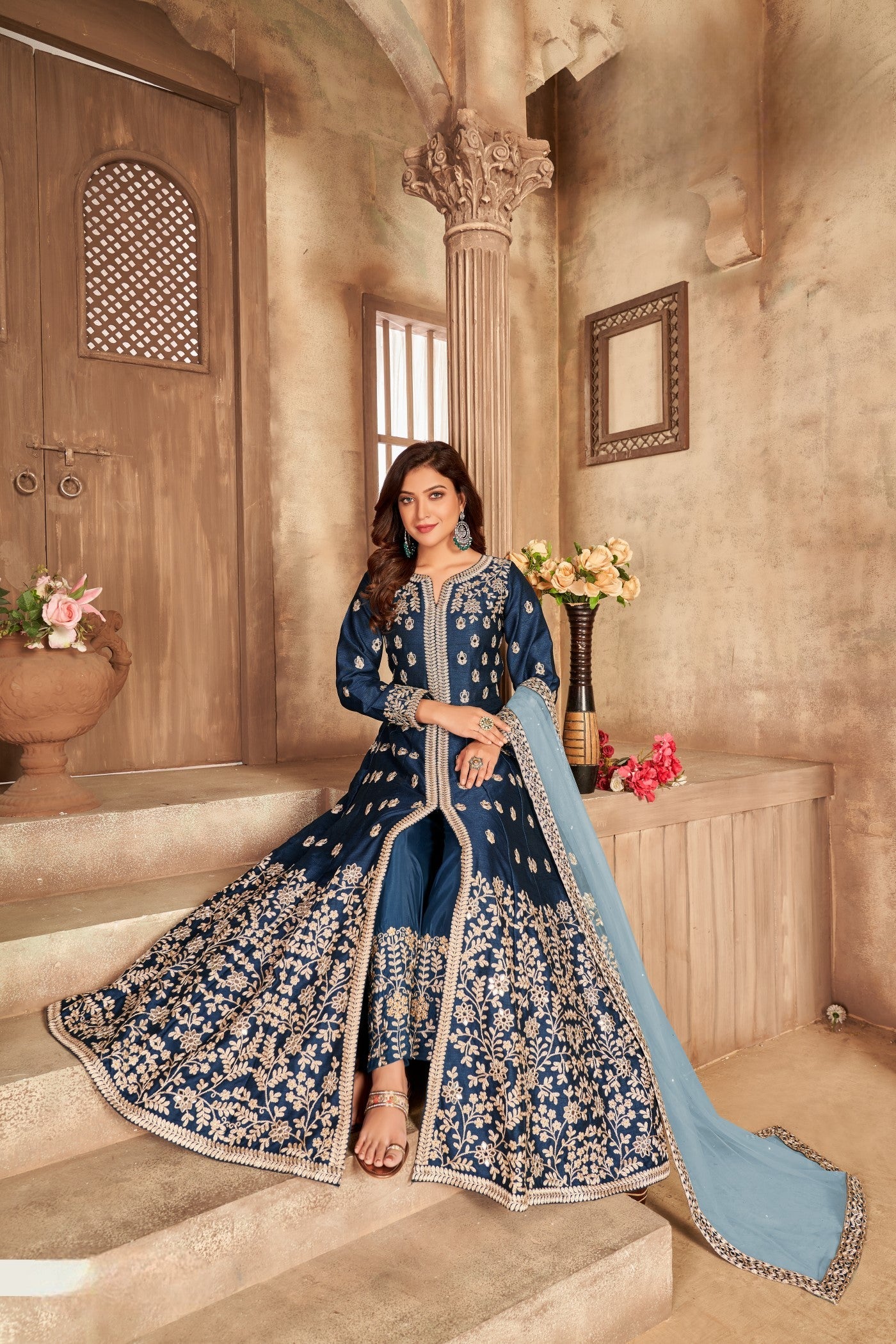 Anaita Navy Blue Embroidered Art Silk Anarkali Suit | Grocsy