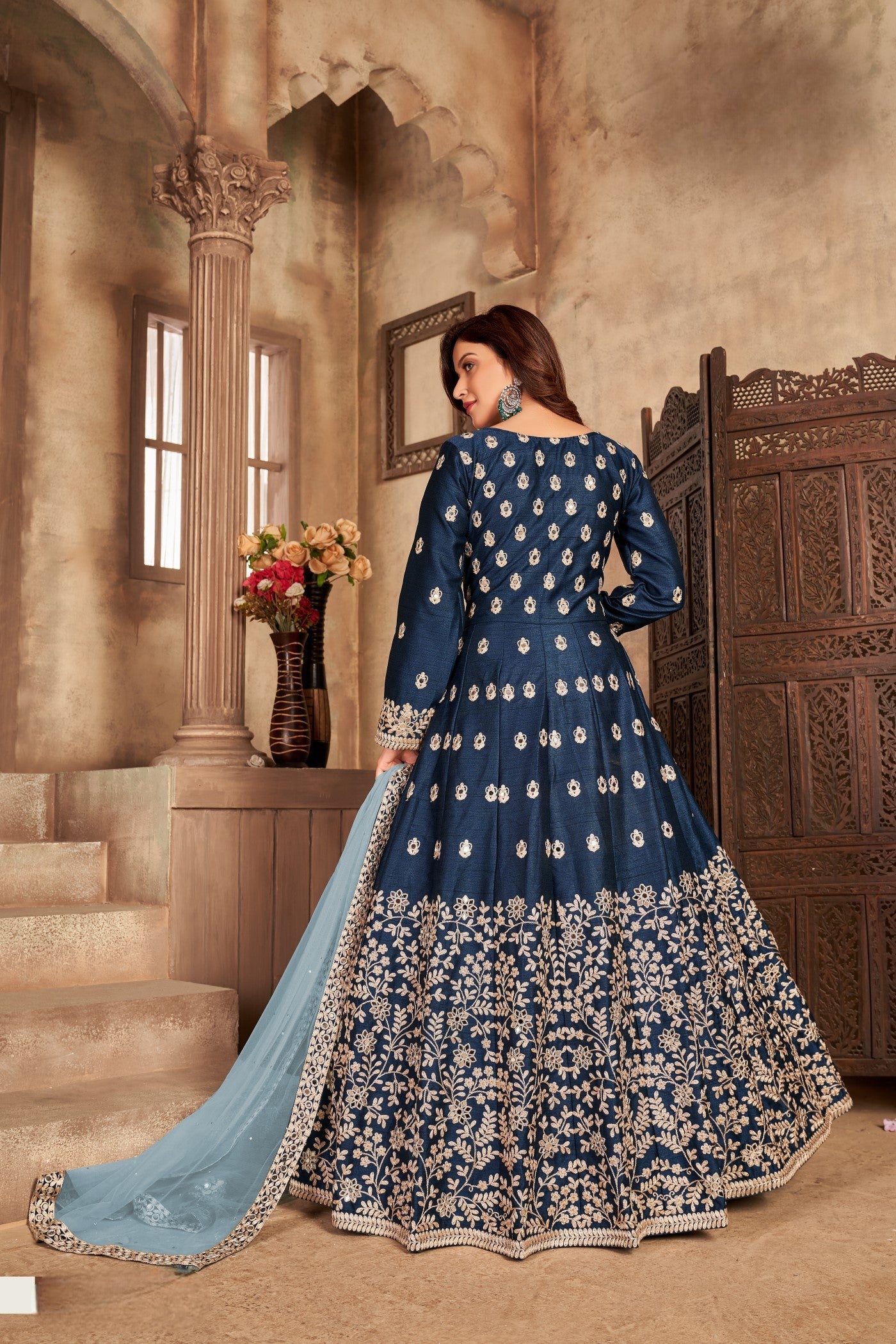 Anaita Navy Blue Embroidered Art Silk Anarkali Suit | Grocsy