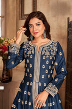 Anaita Navy Blue Embroidered Art Silk Anarkali Suit | Grocsy